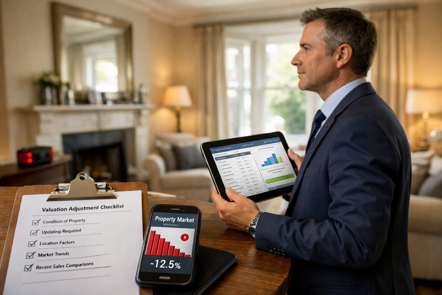 () professional scene showing chartered surveyor conducting property valuation assessment inside residential property.