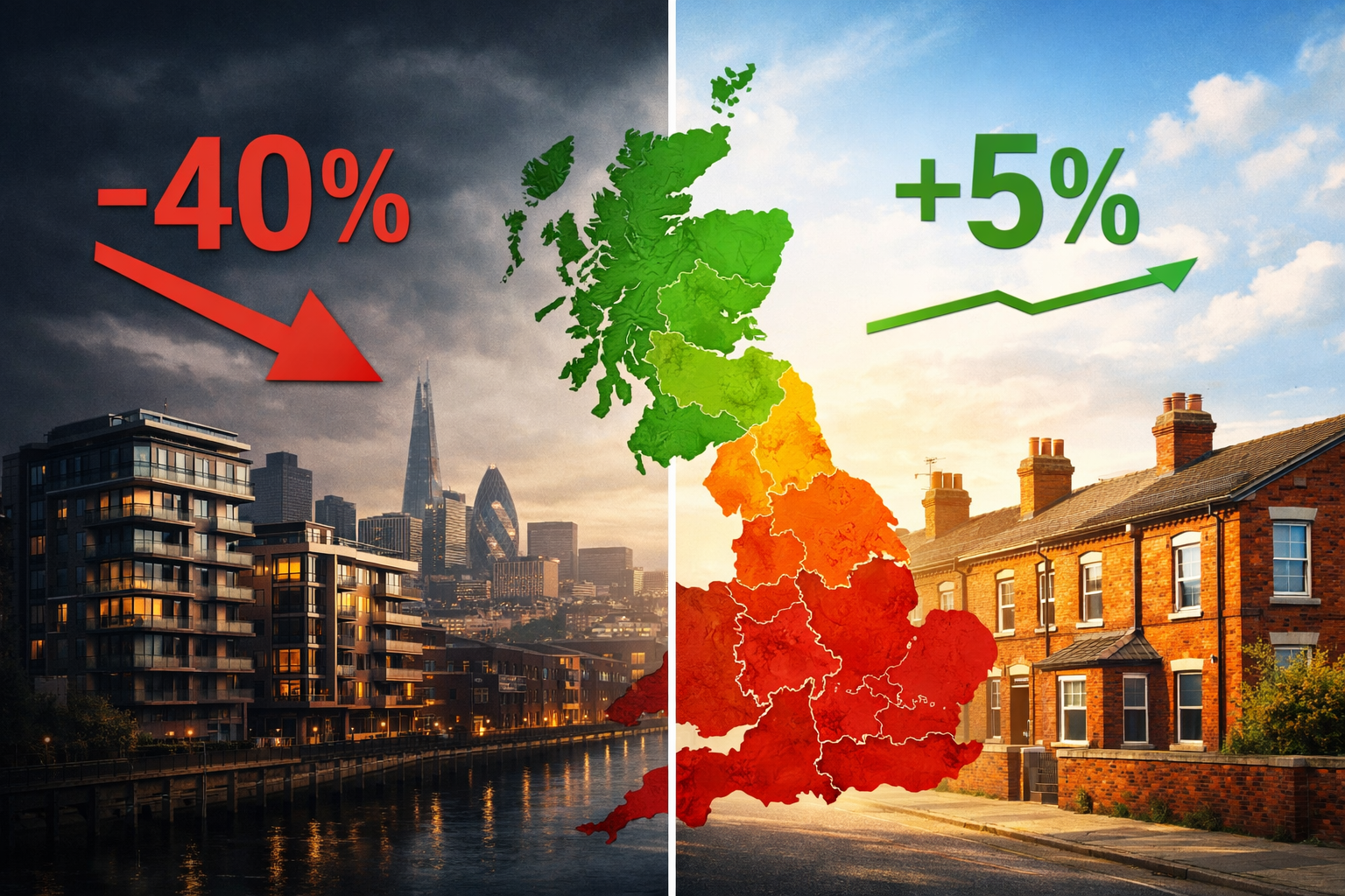 () conceptual split-screen composition showing regional UK property market divergence. Left half depicts London cityscape