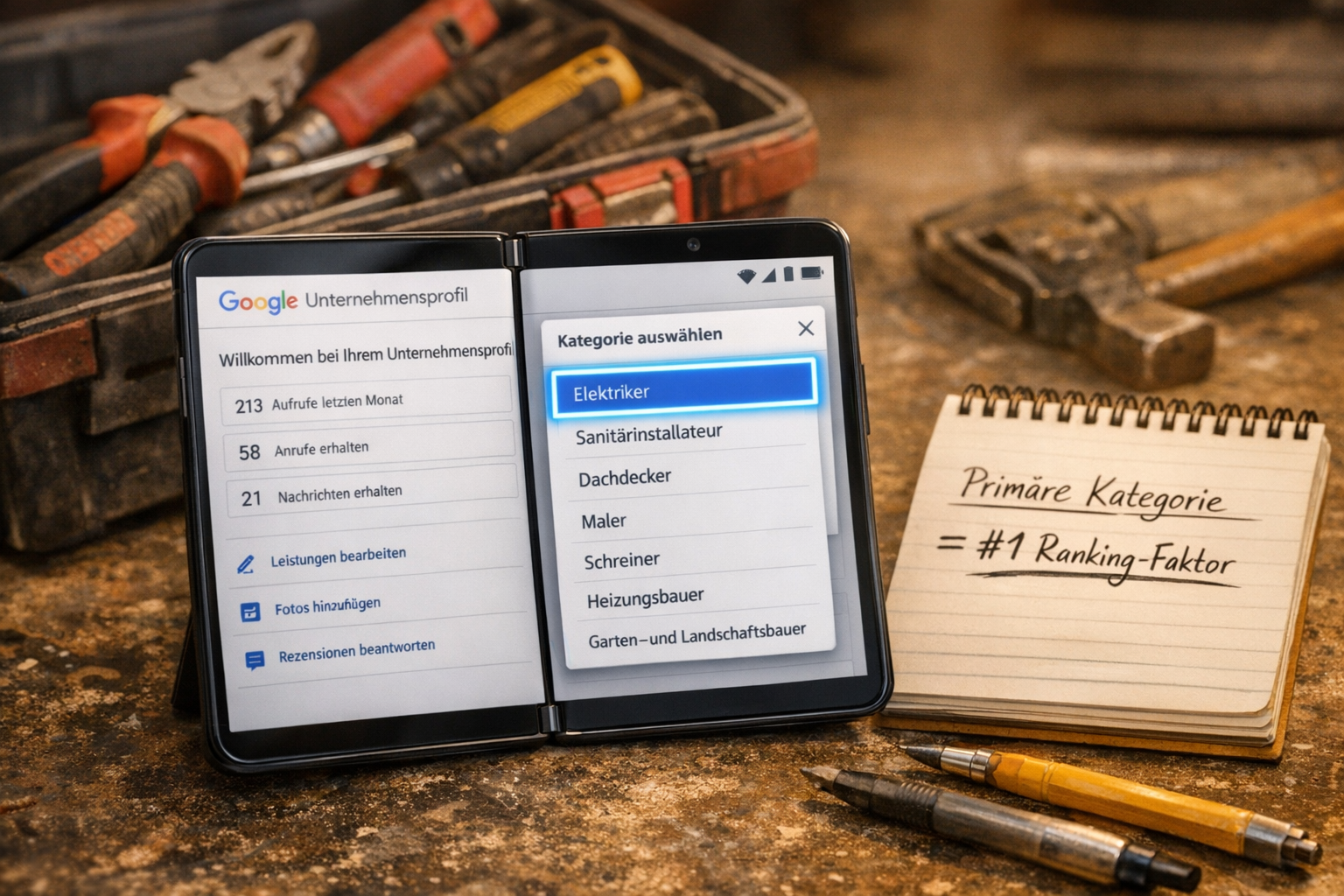 Detailliertes Querformat () Bild zeigt ein aufgeklapptes Smartphone mit Google Business Profile Dashboard in deutscher