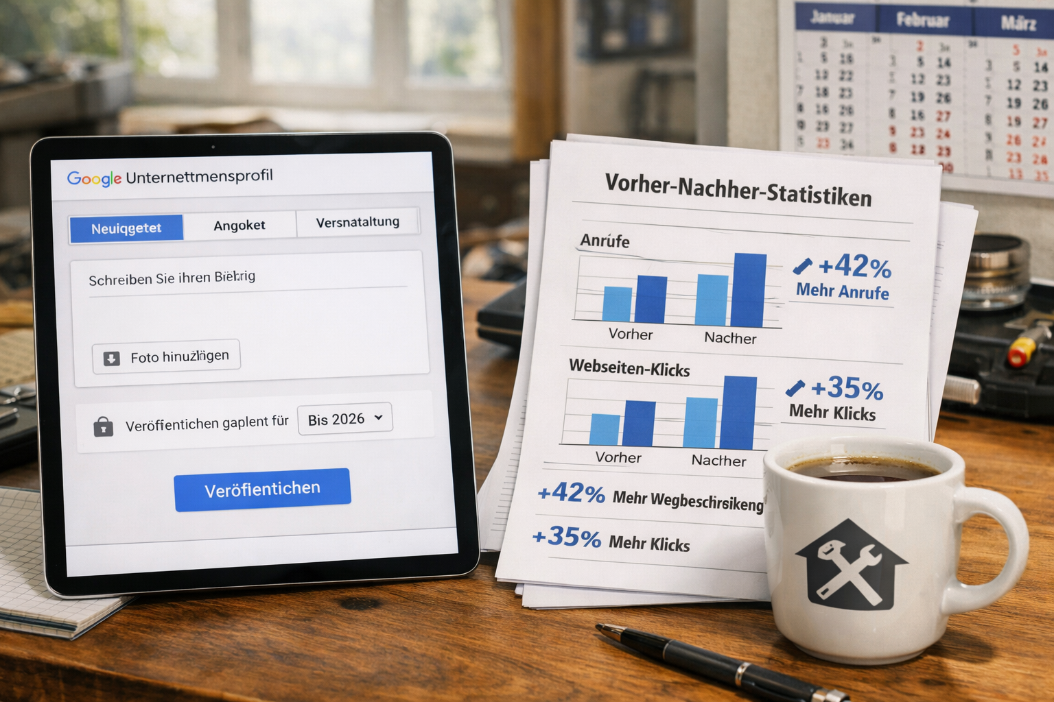 Detailliertes Querformat () Bild einer Split-Screen-Komposition: Links zeigt ein Tablet mit Google Business Profile