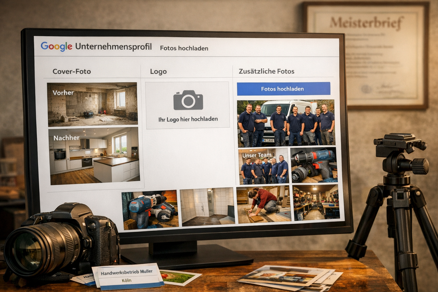 Detailliertes Querformat () Bild zeigt eine Collage aus echten Handwerker-Fotos auf einem großen Desktop-Monitor: