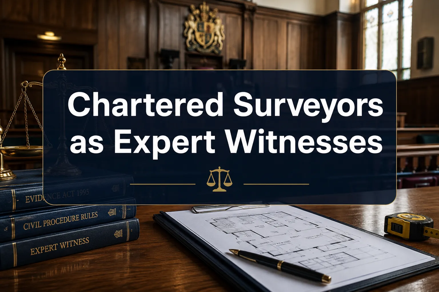 Professional () hero image with 'Chartered Surveyors as Expert Witnesses' in crisp white on a deep navy semi-transparent