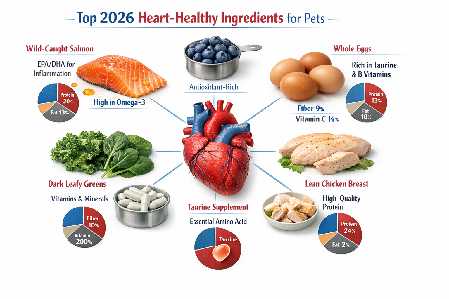 Landscape format (1536x1024) detailed infographic showing the top 2026 heart-healthy ingredients for pets arranged in a circular layout with