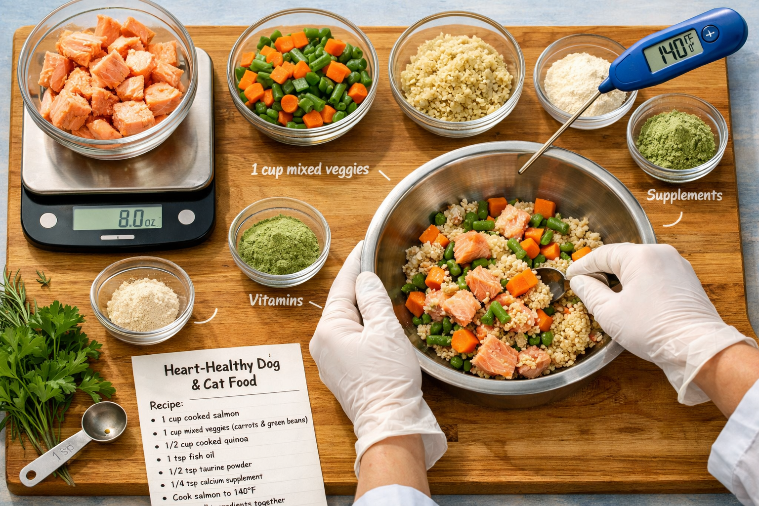 Landscape format (1536x1024) step-by-step recipe preparation scene showing homemade heart-healthy dog and cat food being prepared on a clean
