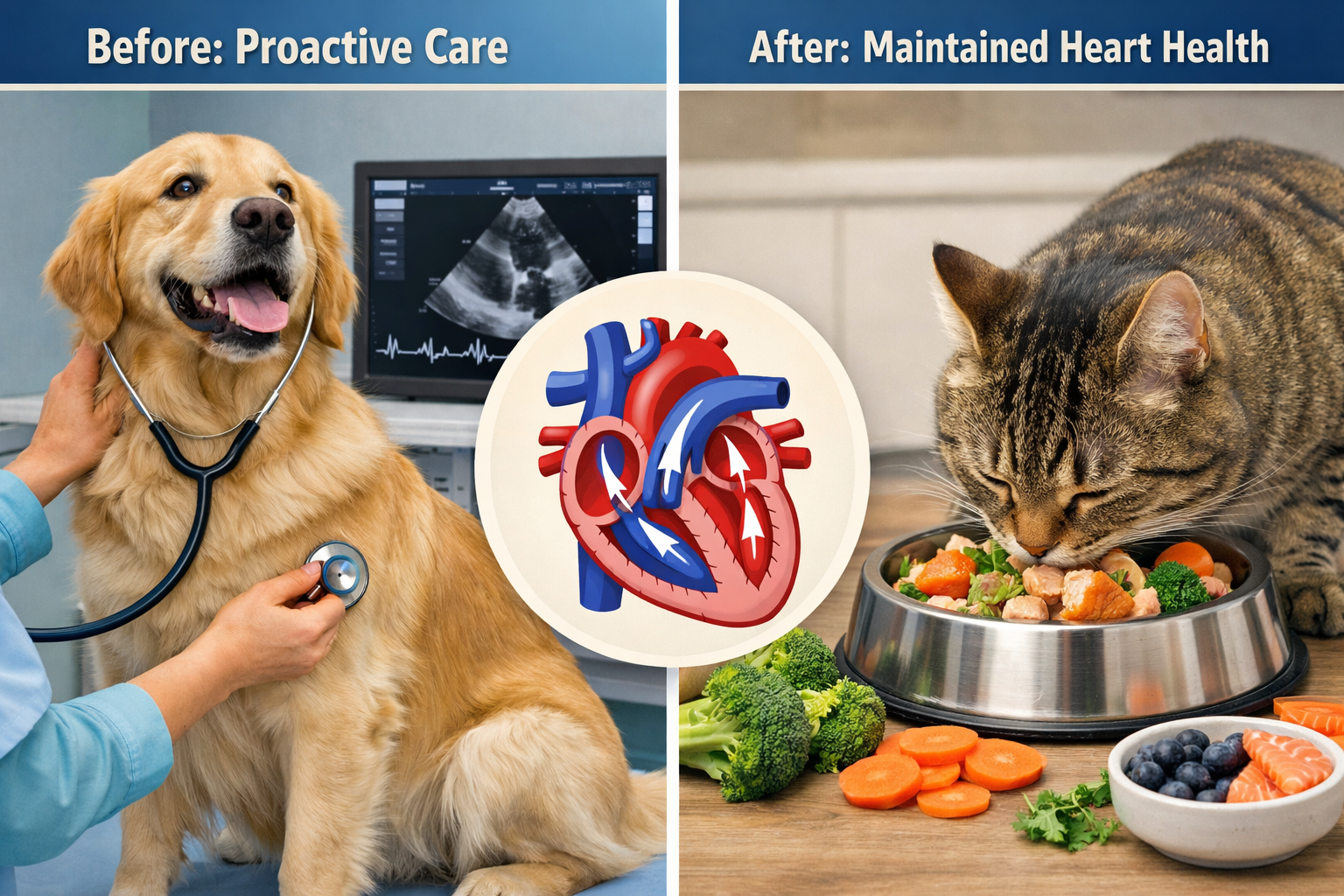 Landscape format (1536x1024) split-screen comparison image showing cardiac health monitoring in pets. Left side displays a healthy dog havin