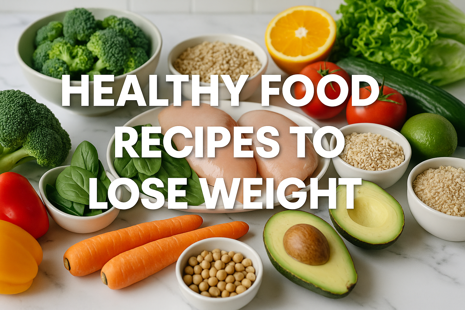 Professional landscape hero image (1536x1024) featuring bold text overlay 'Healthy Food Recipes to Lose Weight' in extra large 70pt white sa