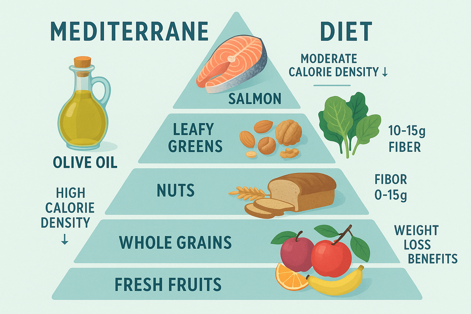 Detailed infographic showing Mediterranean diet pyramid with colorful illustrations of olive oil, salmon, leafy greens, nuts, whole grains, 