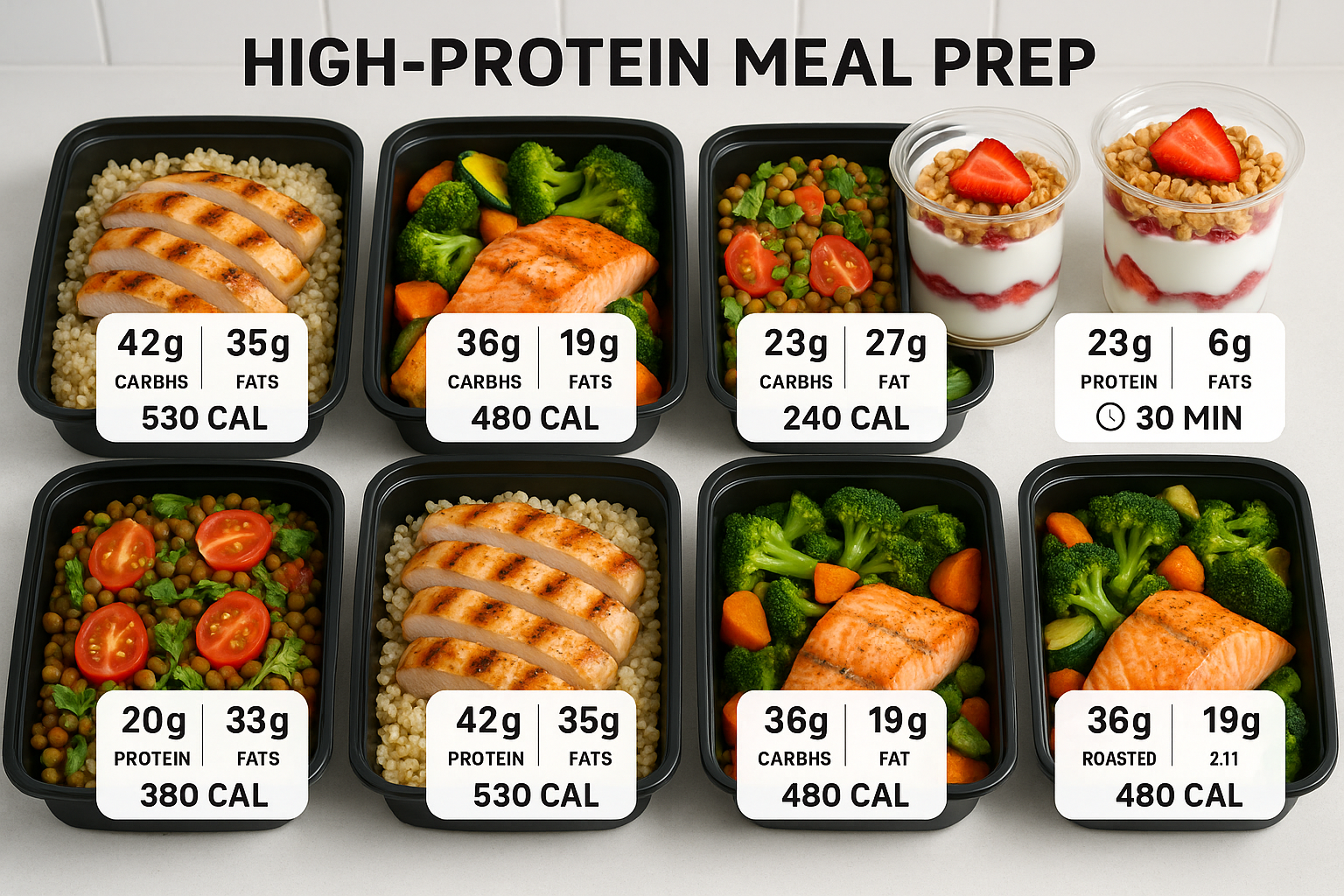 High-protein meal prep containers arranged in organized grid showing portion-controlled recipes including grilled chicken with quinoa, salmo