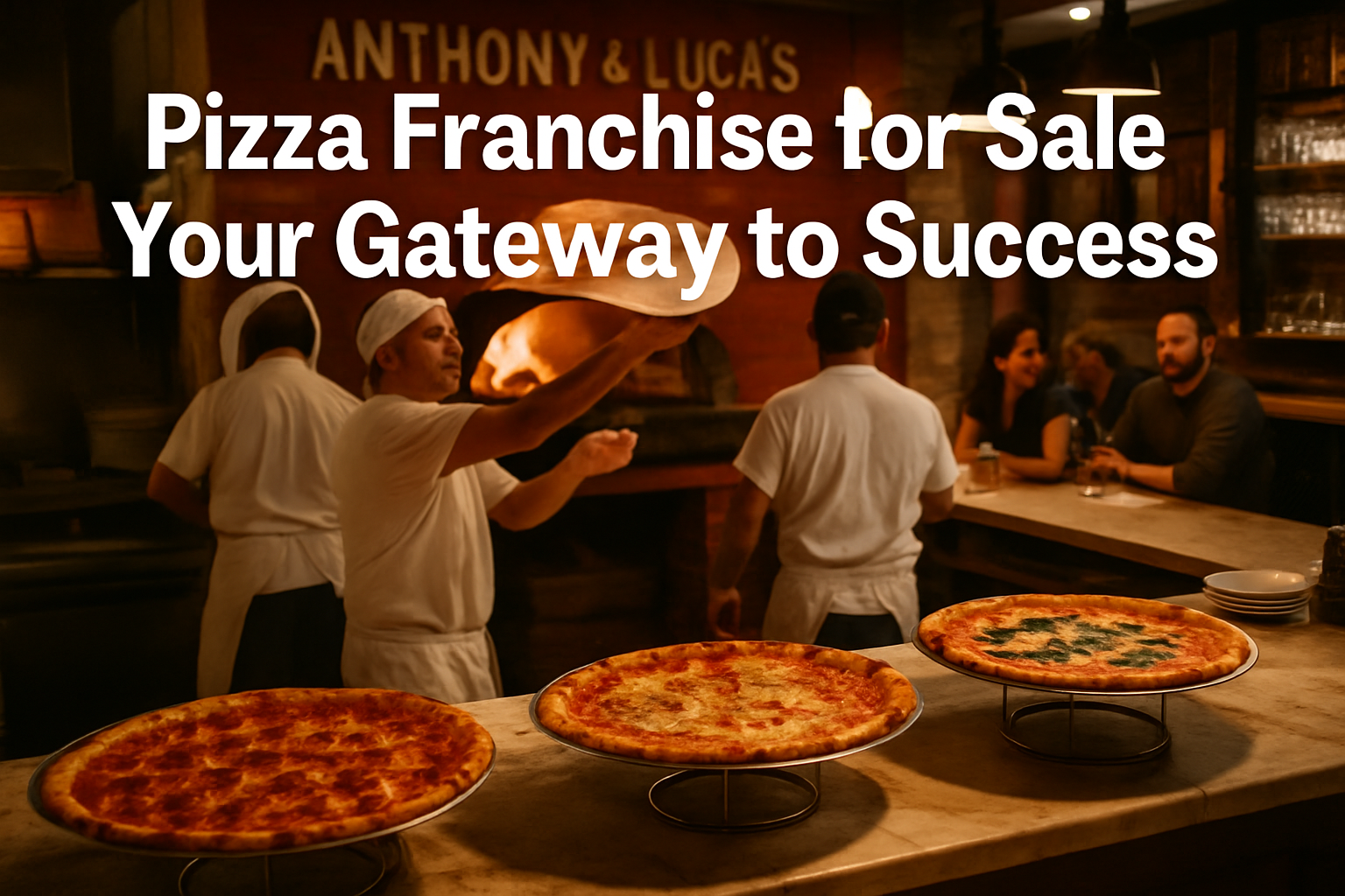 Professional landscape hero image (1536x1024) featuring bold text overlay 'Pizza Franchise for Sale - Your Gateway to Success' in extra larg
