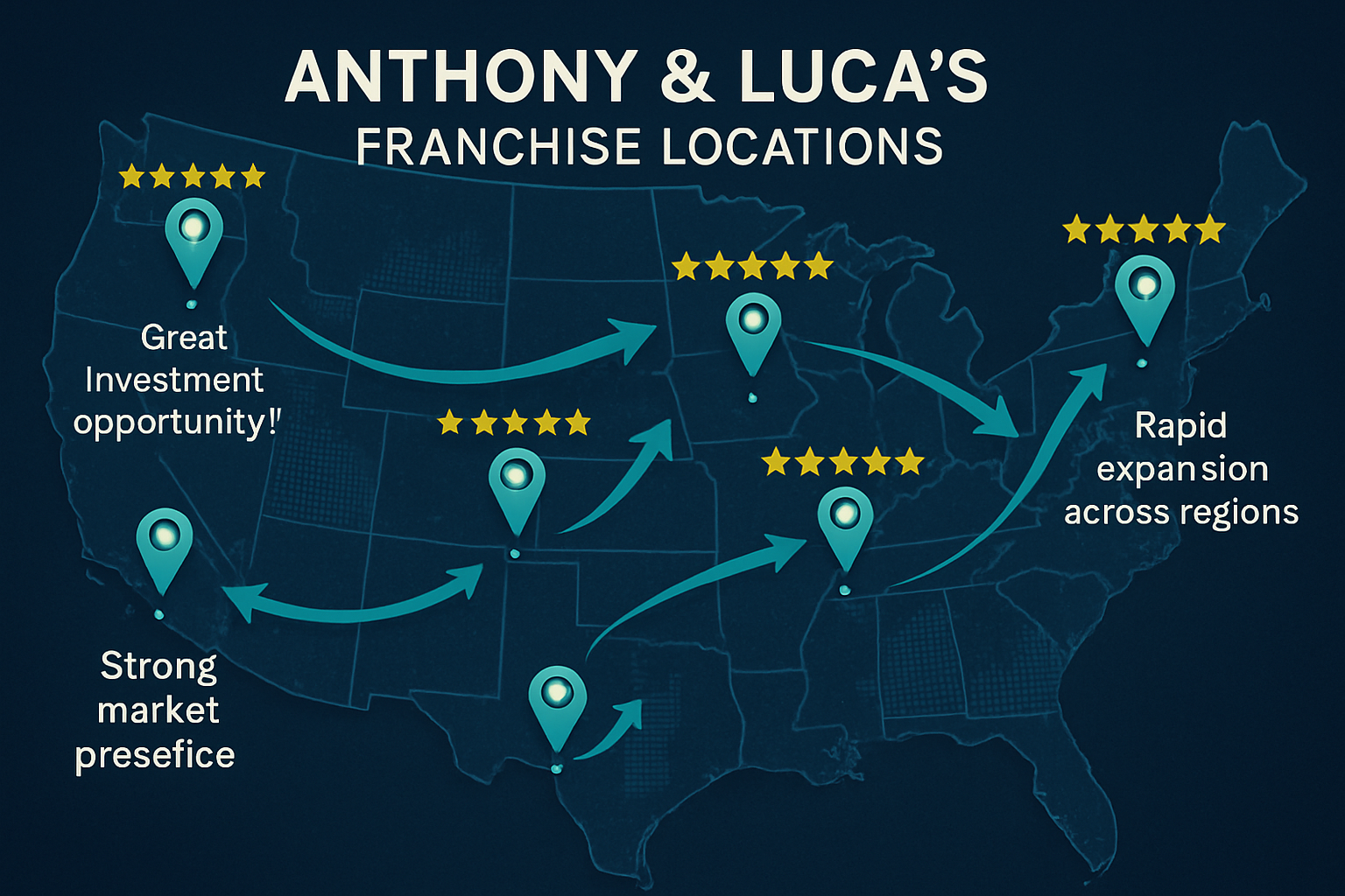 Interactive map of USA showing successful Anthony & Luca's franchise locations with glowing pins, customer review stars floating above each