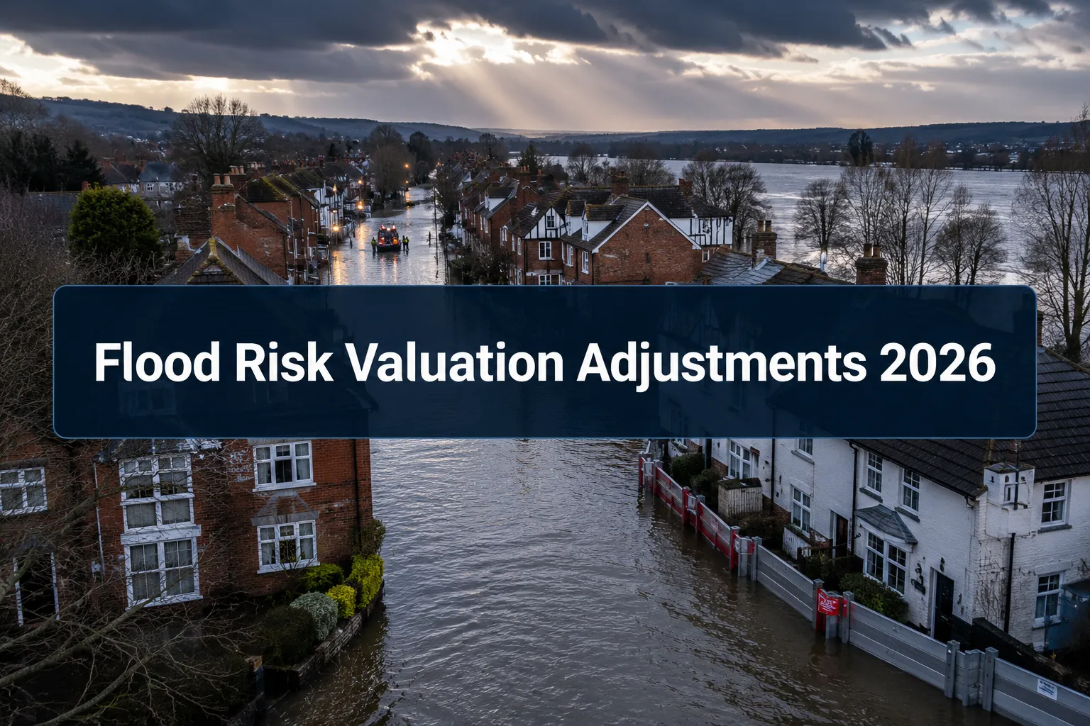 Professional () hero image with (≤42 chars): 'Flood Risk Valuation Adjustments 2026' in crisp white on a deep navy