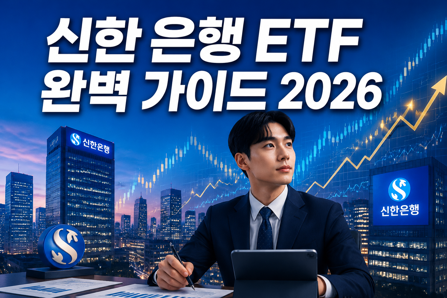 Professional () hero image featuring Korean '신한 은행 ETF 완벽 가이드 2026' in extra large white with deep effect, centered in upper