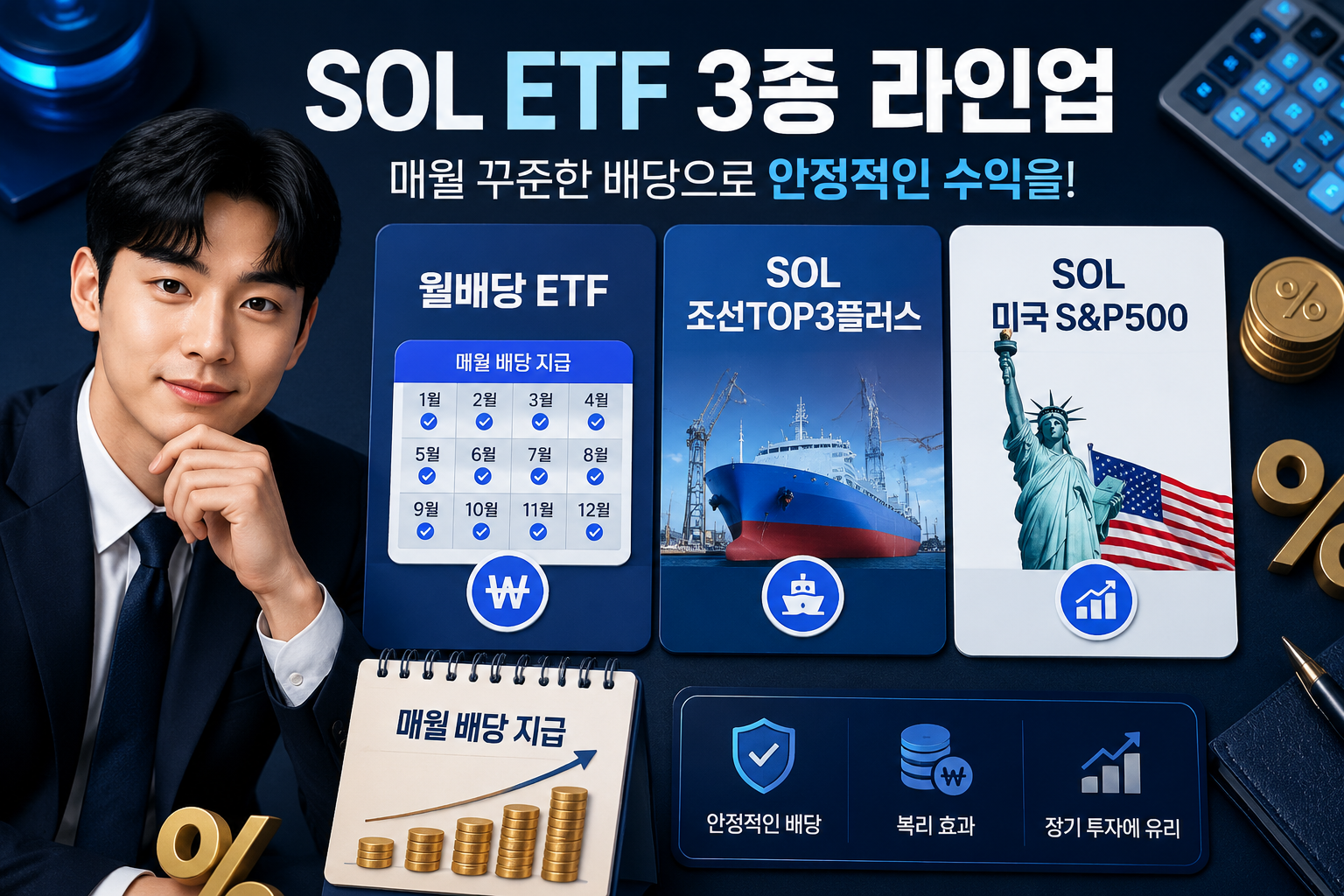 Close-up flat-lay composition of SOL ETF product lineup displayed as cards on dark navy surface, featuring Korean text