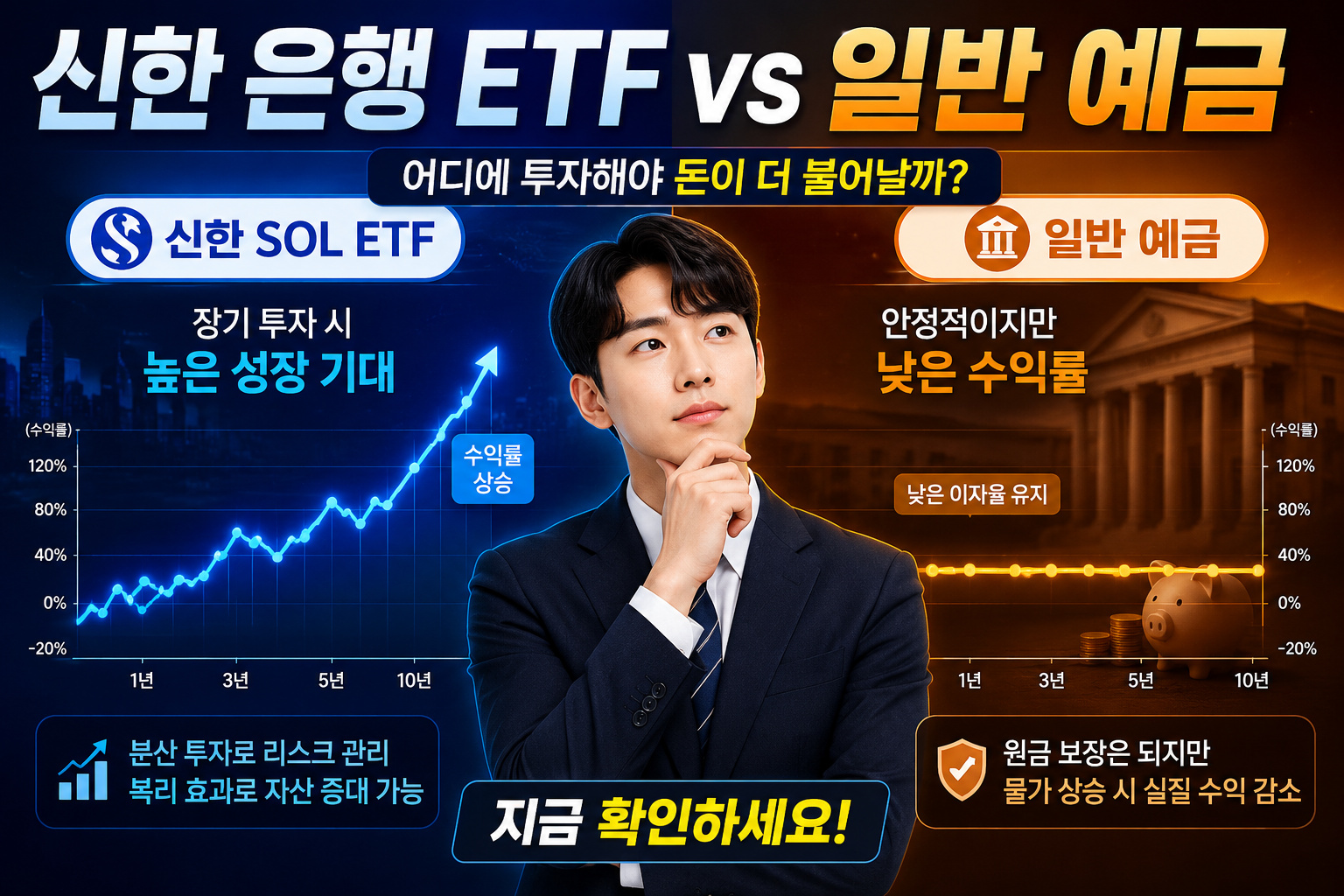 Dynamic split-screen comparison illustration showing SOL ETF versus traditional bank savings on left-right layout, Korean