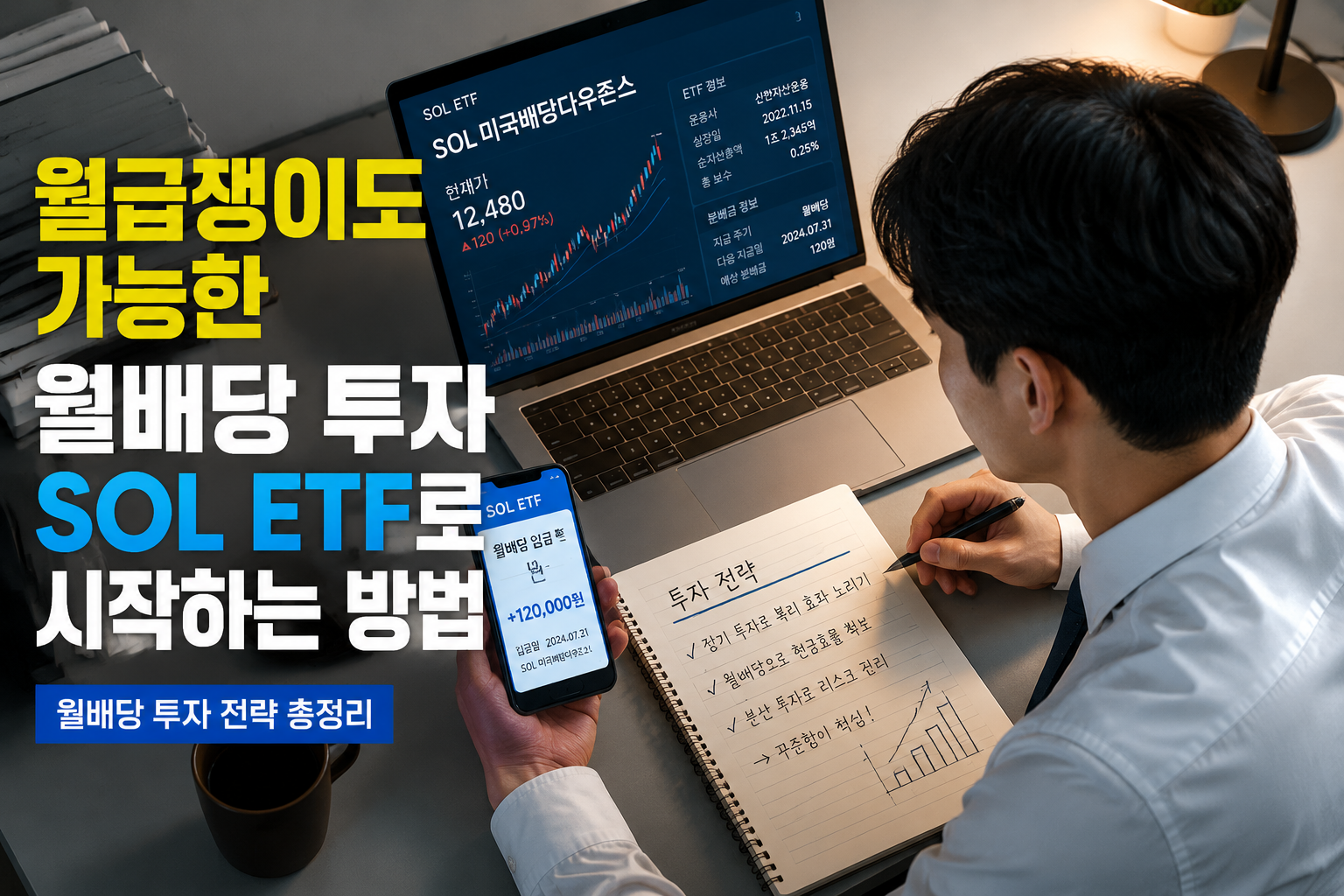 Overhead bird's-eye view of Korean investor at modern desk using laptop displaying SOL ETF trading platform, smartphone