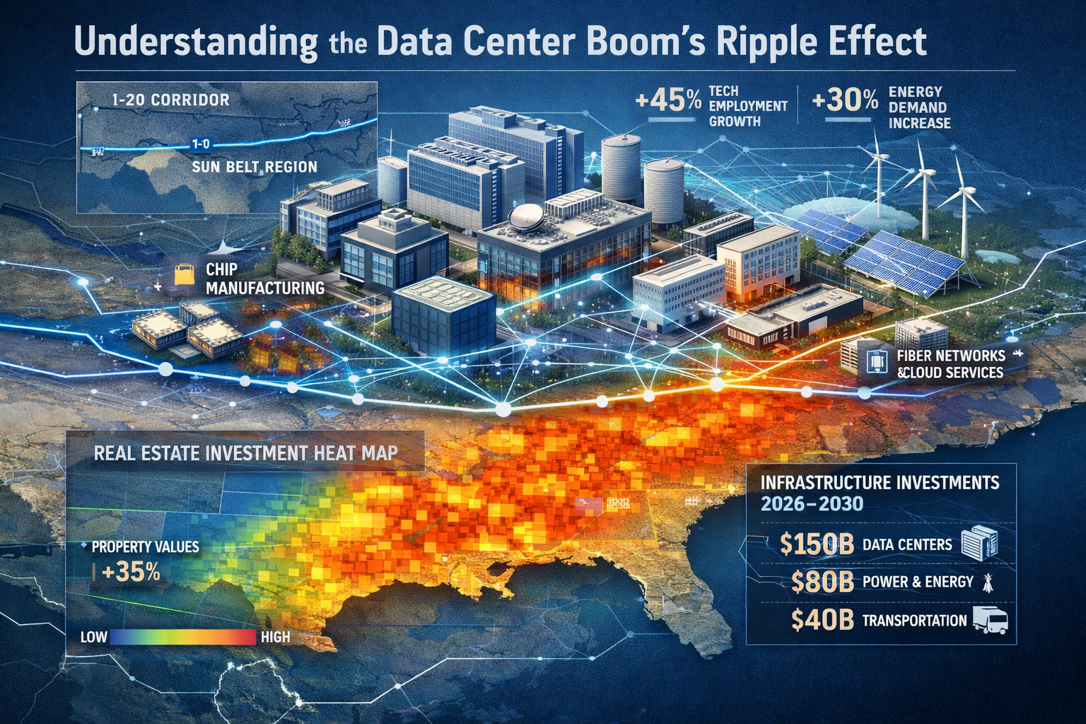 Comprehensive editorial data visualization (1536x1024) explaining 'Understanding the Data Center Boom's Ripple Effect'. Isometric rendering