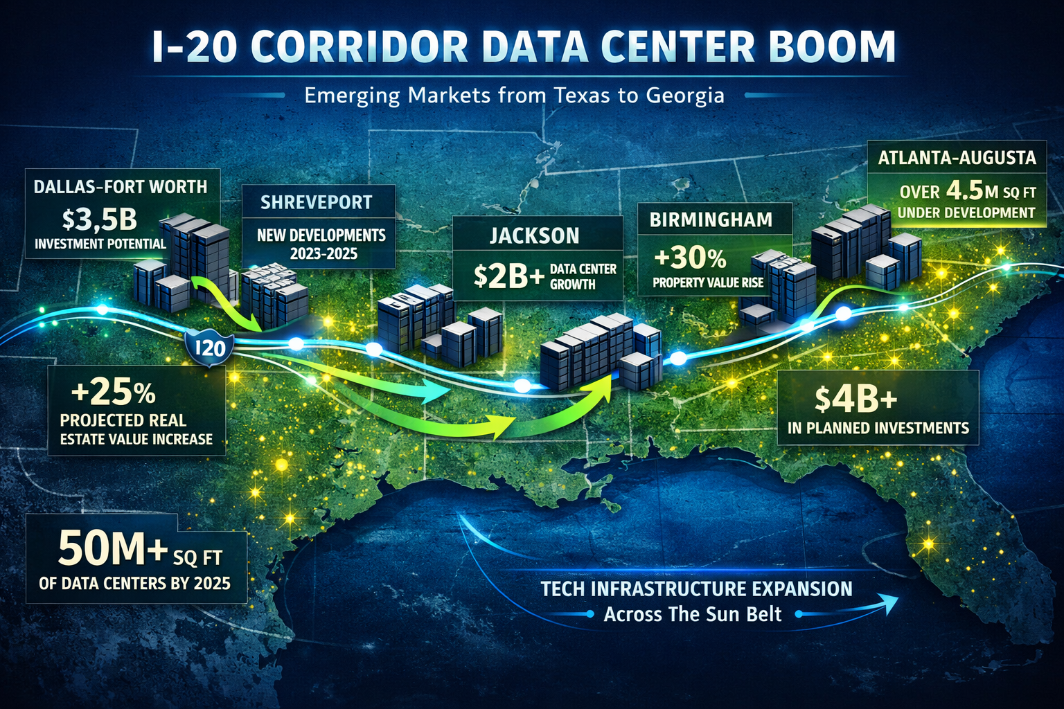 Expansive landscape editorial infographic (1536x1024) depicting 'I-20 Corridor Data Center Boom'. Detailed geographical map highlighting key