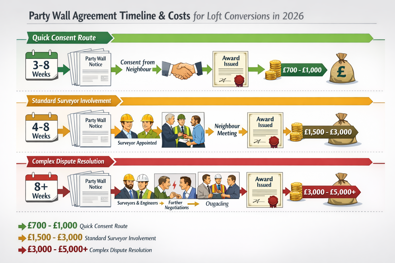 Comprehensive () flowchart diagram illustrating the party wall agreement timeline and cost breakdown for loft conversions in