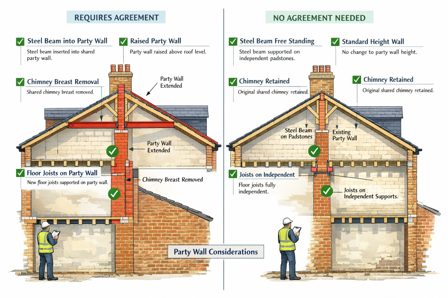 Detailed () technical illustration showing cross-section view of typical Northern terraced house loft conversion with party