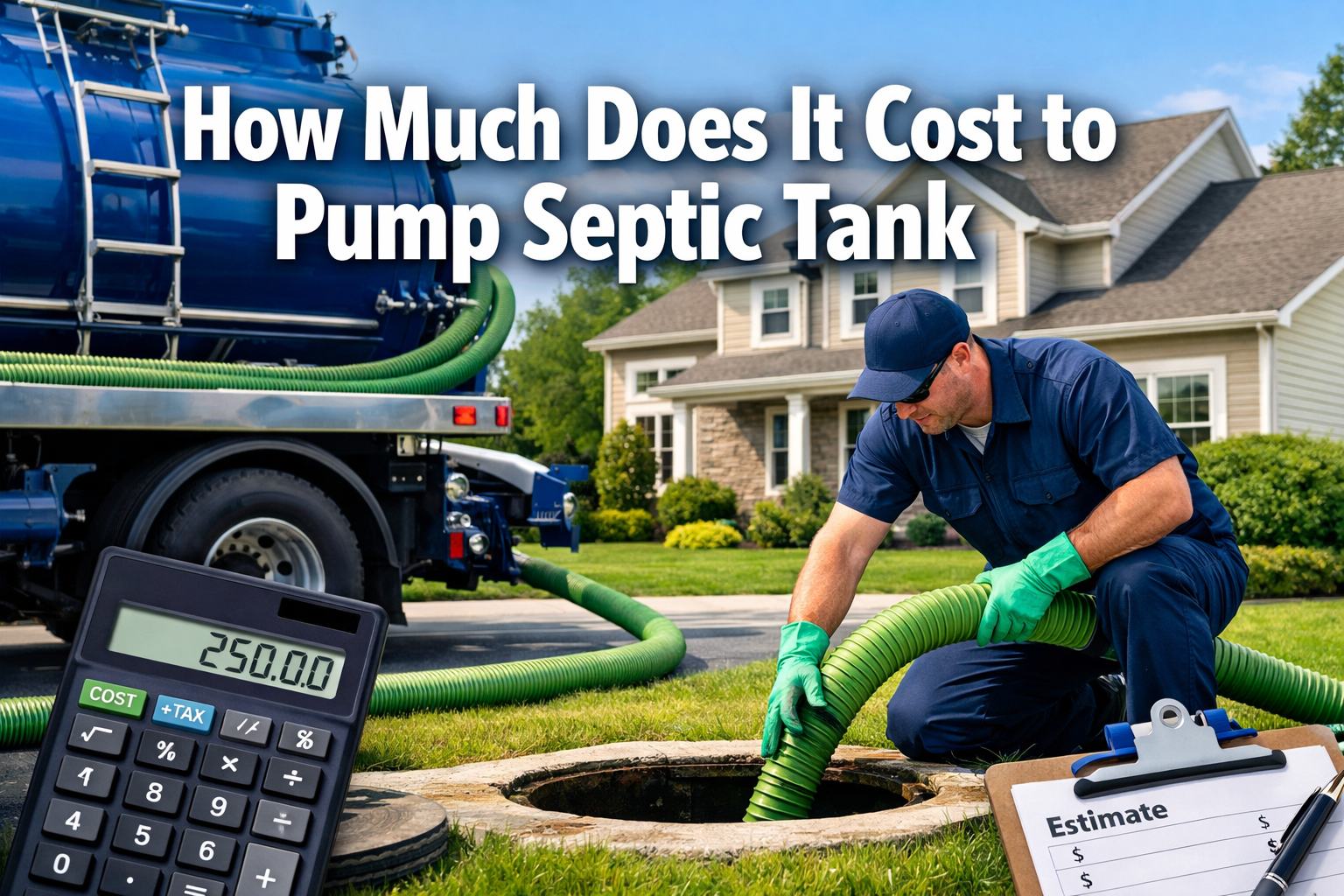 Professional landscape format (1536x1024) hero image with bold text overlay 'How Much Does It Cost to Pump Septic Tank' in extra large 72pt 
