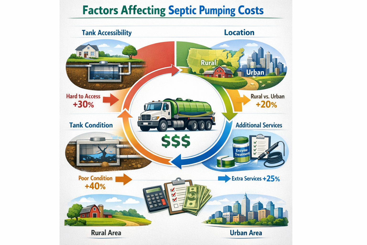 Portrait format (1024x1536) illustration showing factors affecting septic pumping costs with circular diagram featuring tank accessibility, 