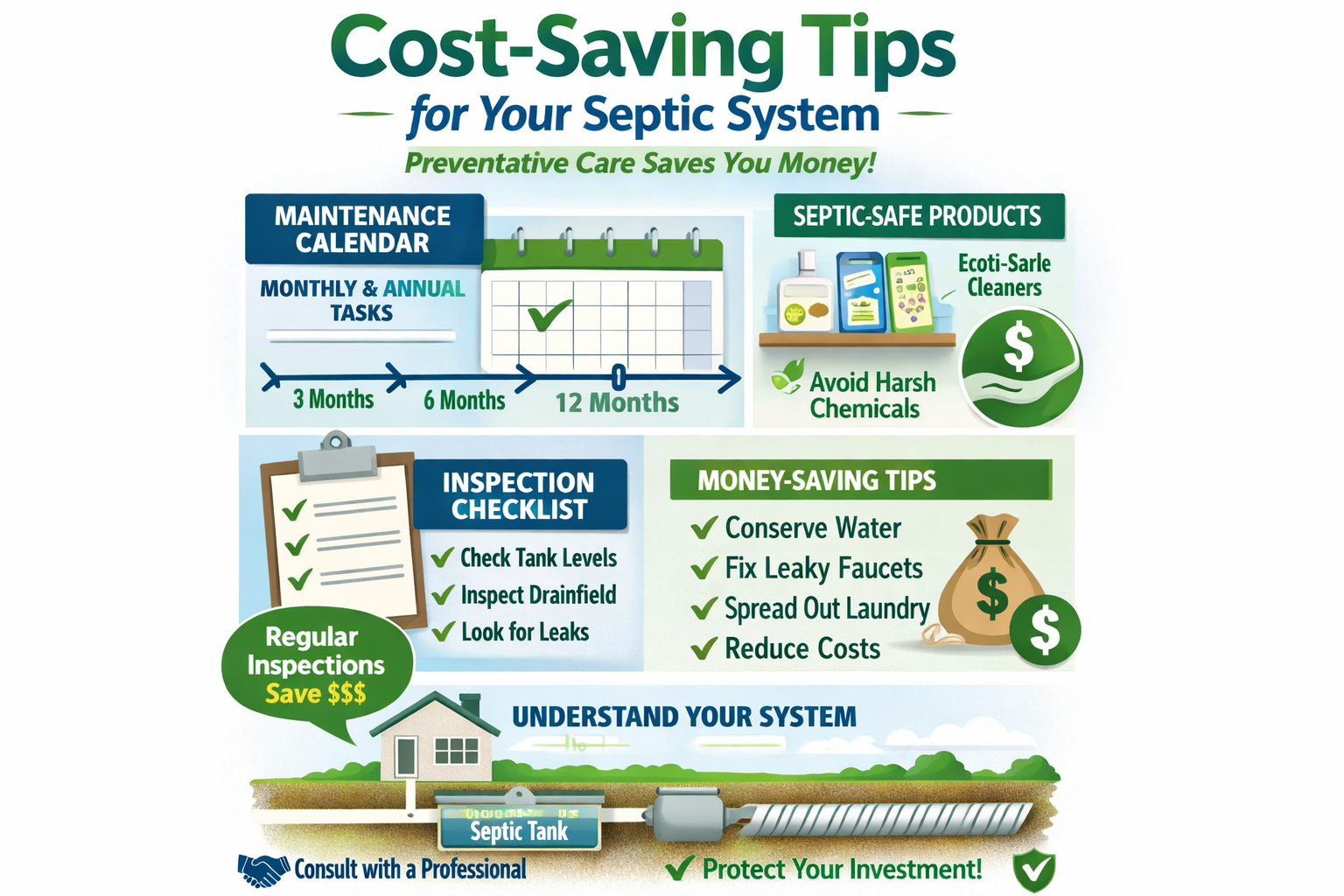 Portrait format (1024x1536) cost-saving tips visualization featuring maintenance calendar, septic-safe products display, inspection checklis