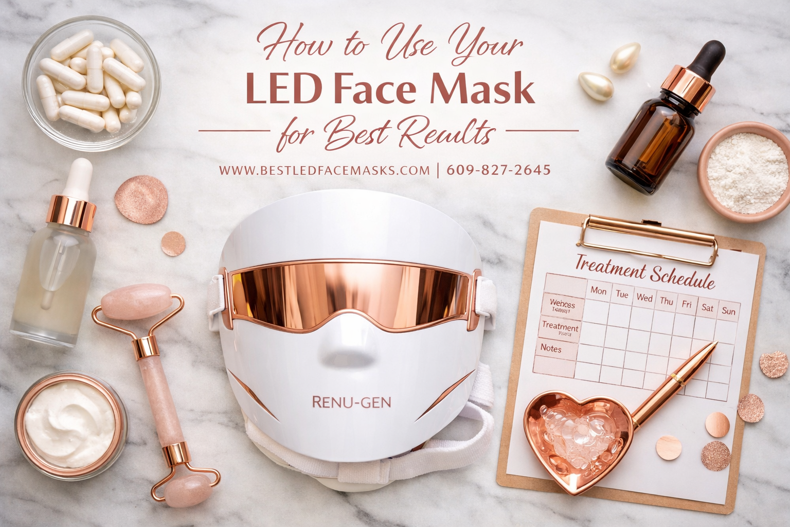 () overhead flat-lay image of the Renu-Gen LED face mask on a white marble surface surrounded by skincare serums, collagen