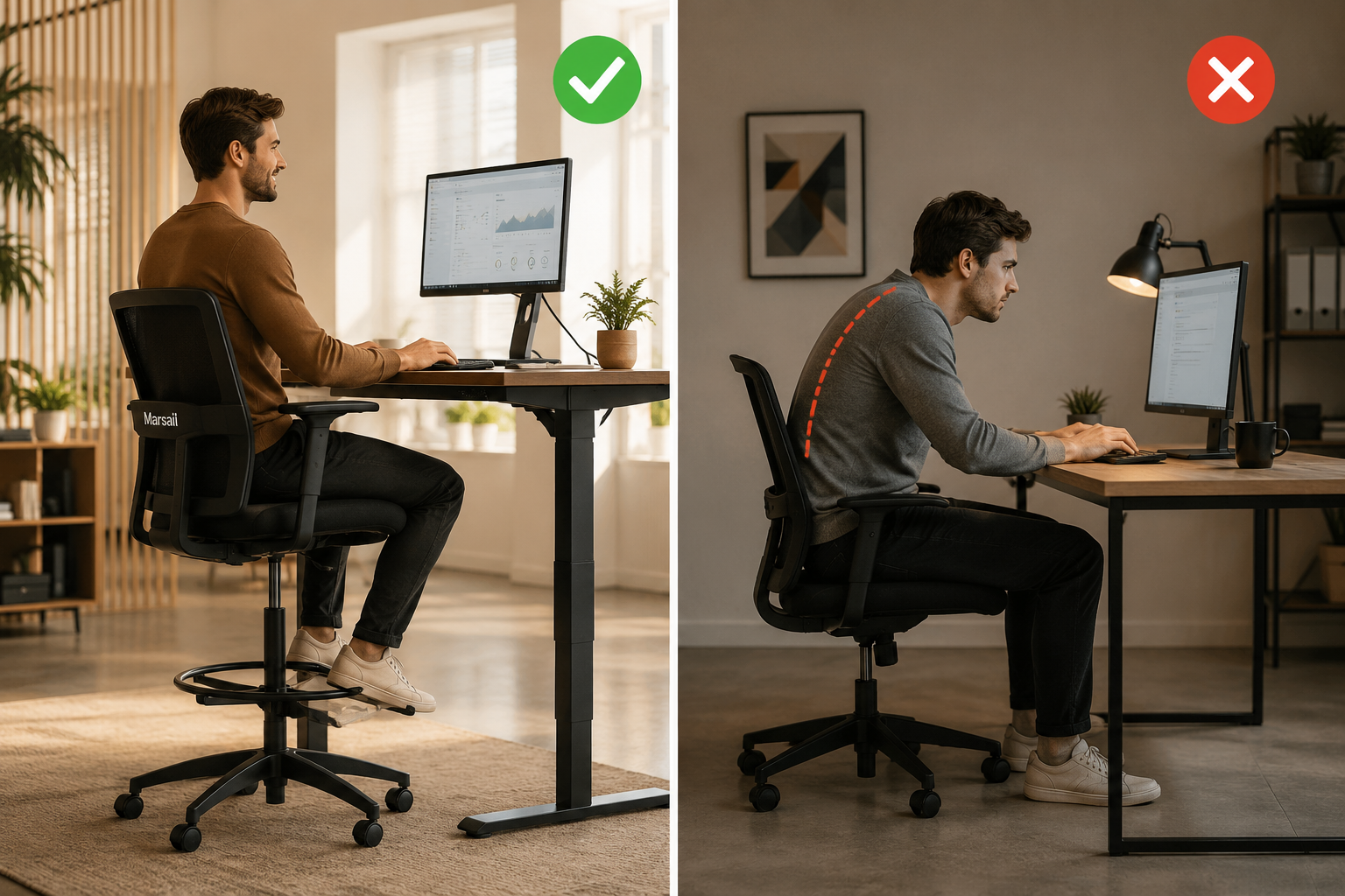 Marsail Ergonomic Drafting Chair Deal Detailed landscape format (1536x1024) side-by-side comparison scene showing a person seated comfortably in a tall Marsail drafting chair at a raised standing desk on the left, versus a person hunching slightly in a standard low office chair at a regular desk on the right. Split composition with a vertical dividing line, green checkmark above the drafting chair setup, subtle red X above the standard setup. Modern office environment, warm lighting, professional lifestyle photography style, editorial quality. Marsail Ergonomic Drafting Chair Deal: Assembly Instructions