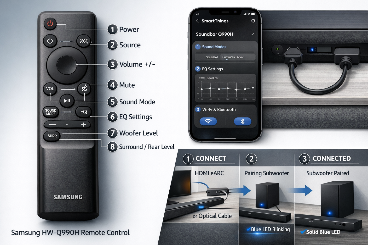 Samsung HW-Q990H Review Detailed landscape format (1536x1024) image displaying Samsung HW-Q990H remote control in foreground with labeled buttons and functions, background showing SmartThings app interface on smartphone screen with EQ settings, sound modes, and wireless connectivity options visible. Split-screen composition showing physical setup process with HDMI eARC cable connection to TV, optical cable as alternative, and wireless subwoofer pairing indicator lights glowing blue. Step-by-step visual guide aesthetic with numbered callouts, arrows indicating connection flow, clean modern interface design, professional product photography with soft shadows and premium presentation quality.