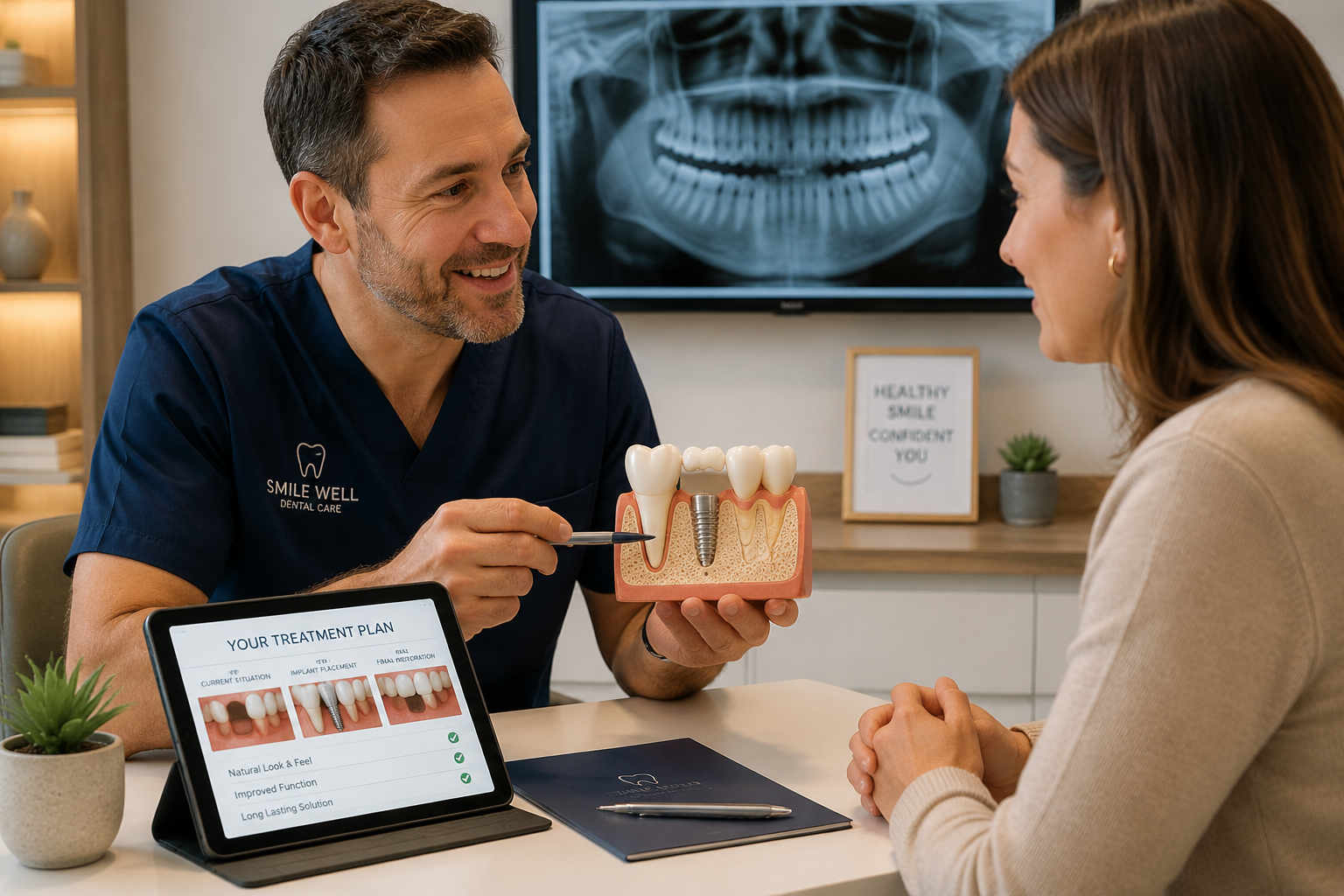 Detailed () image of a dental consultation in progress, focusing on a dentist and a patient reviewing a 3D model of a