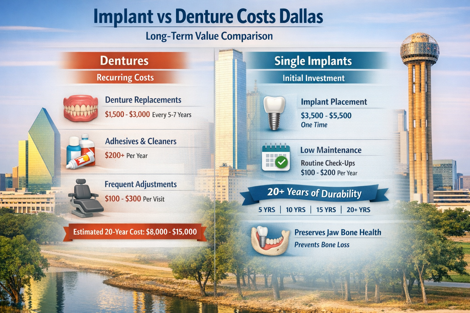 A detailed infographic comparing the lifetime costs and benefits of traditional dentures versus single dental implants in