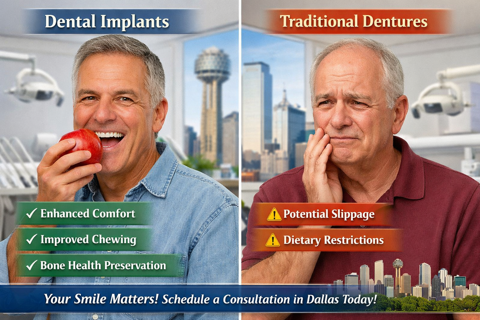 A split-screen visual depicting a patient's journey and outcome with both dental implants and dentures. One side shows a