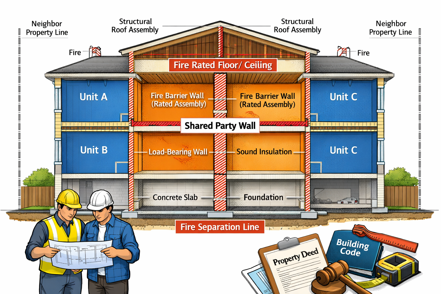 Detailed () image showing architectural cross-section diagram of multifamily building with shared party walls clearly marked