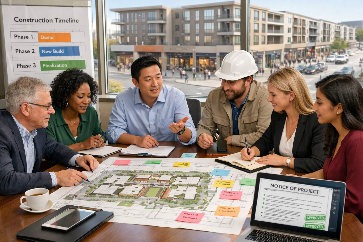 () image depicting diverse group of property stakeholders meeting around conference table with architectural site plans