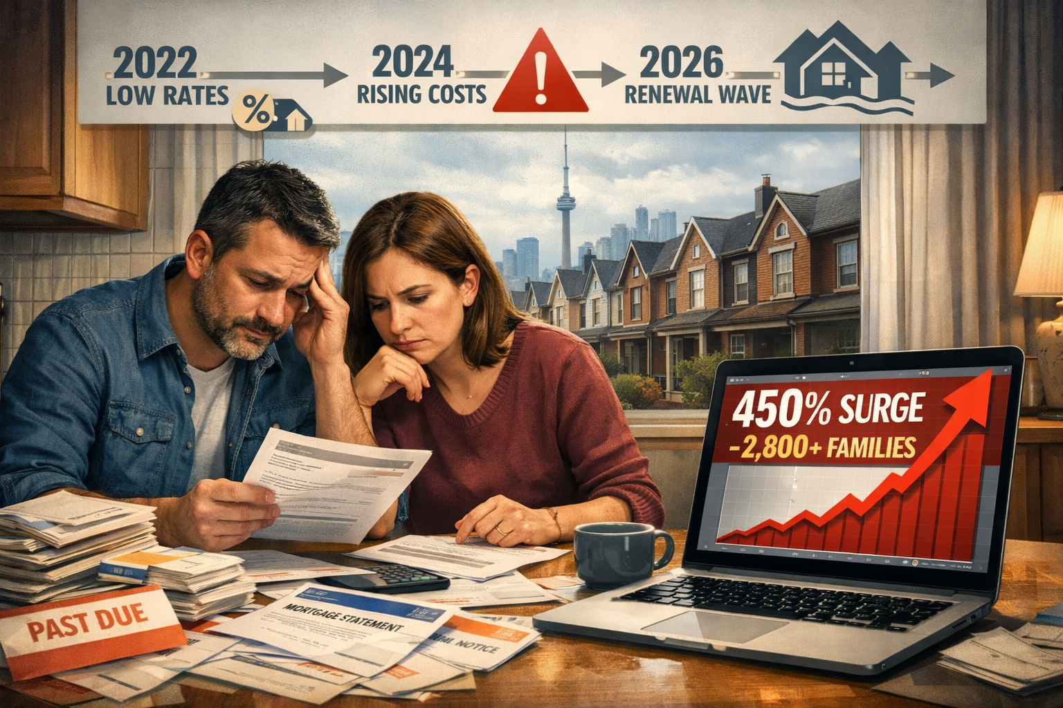 Wide-angle editorial illustration showing a Toronto homeowner couple reviewing mortgage documents at a kitchen table,
