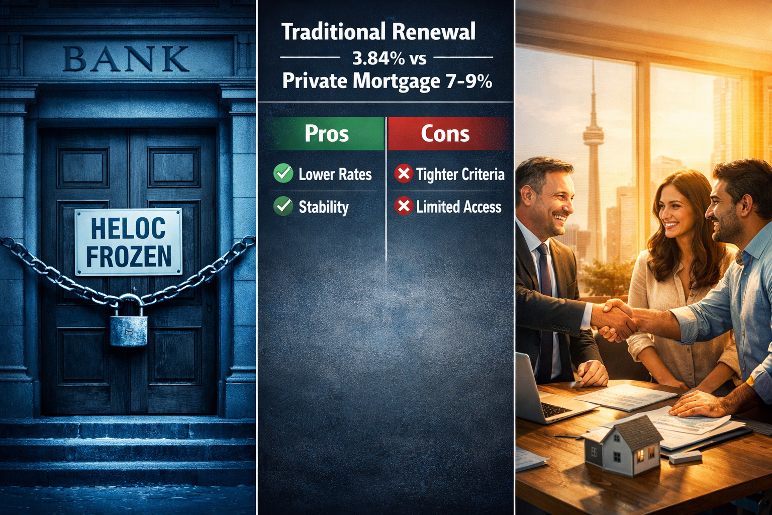 Split-screen landscape editorial image (): Left side shows a traditional bank building with a locked door and 'HELOC Frozen'