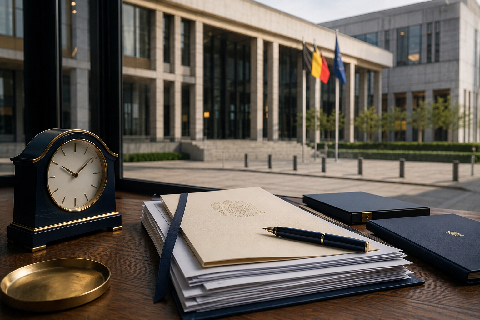 Bureauklok en officiële documenten voor een Belgisch overheidsgebouw met de Belgische en Europese vlag, symbool voor de doorlooptijd van een publicatie