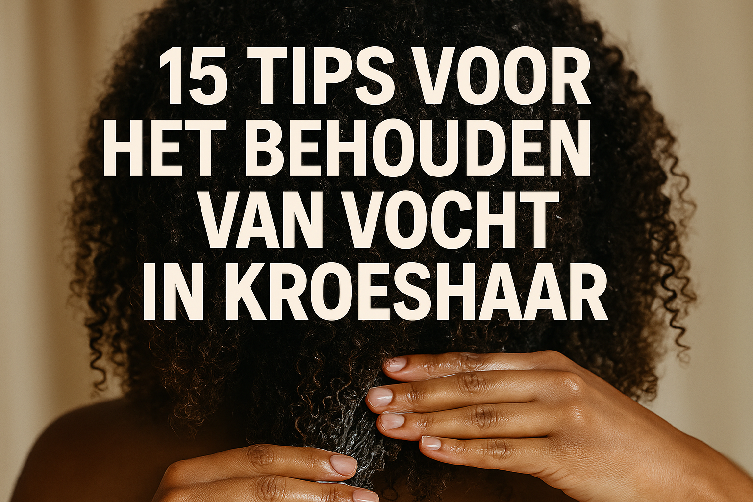 Kroeshaar Vochtig Houden: 15 Essentiële Tips voor Gehydrateerd en Gezond Haar 1 Professional landscape hero image (1536x1024) featuring bold text overlay '15 Tips voor Het Behouden van Vocht in Kroeshaar' in extra large