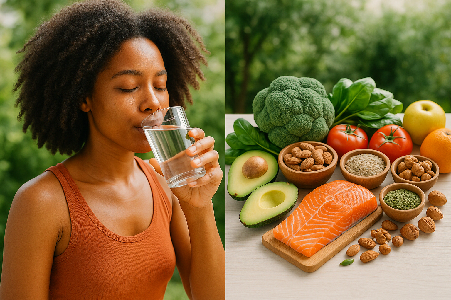 Kroeshaar Vochtig Houden: 15 Essentiële Tips voor Gehydrateerd en Gezond Haar 3 Vibrant lifestyle landscape image (1536x1024) showing healthy living connection to hair moisture. Foreground features woman with gorgeous hy