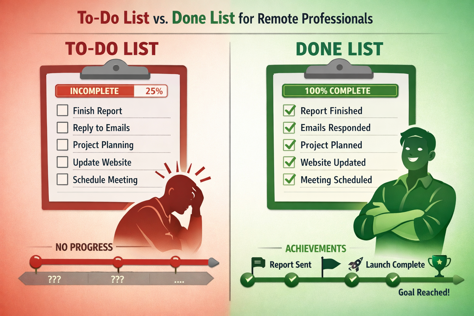 An infographic-style image illustrating the difference between 'To-Do' lists and 'Done' lists for remote professionals. On the left, a clutt