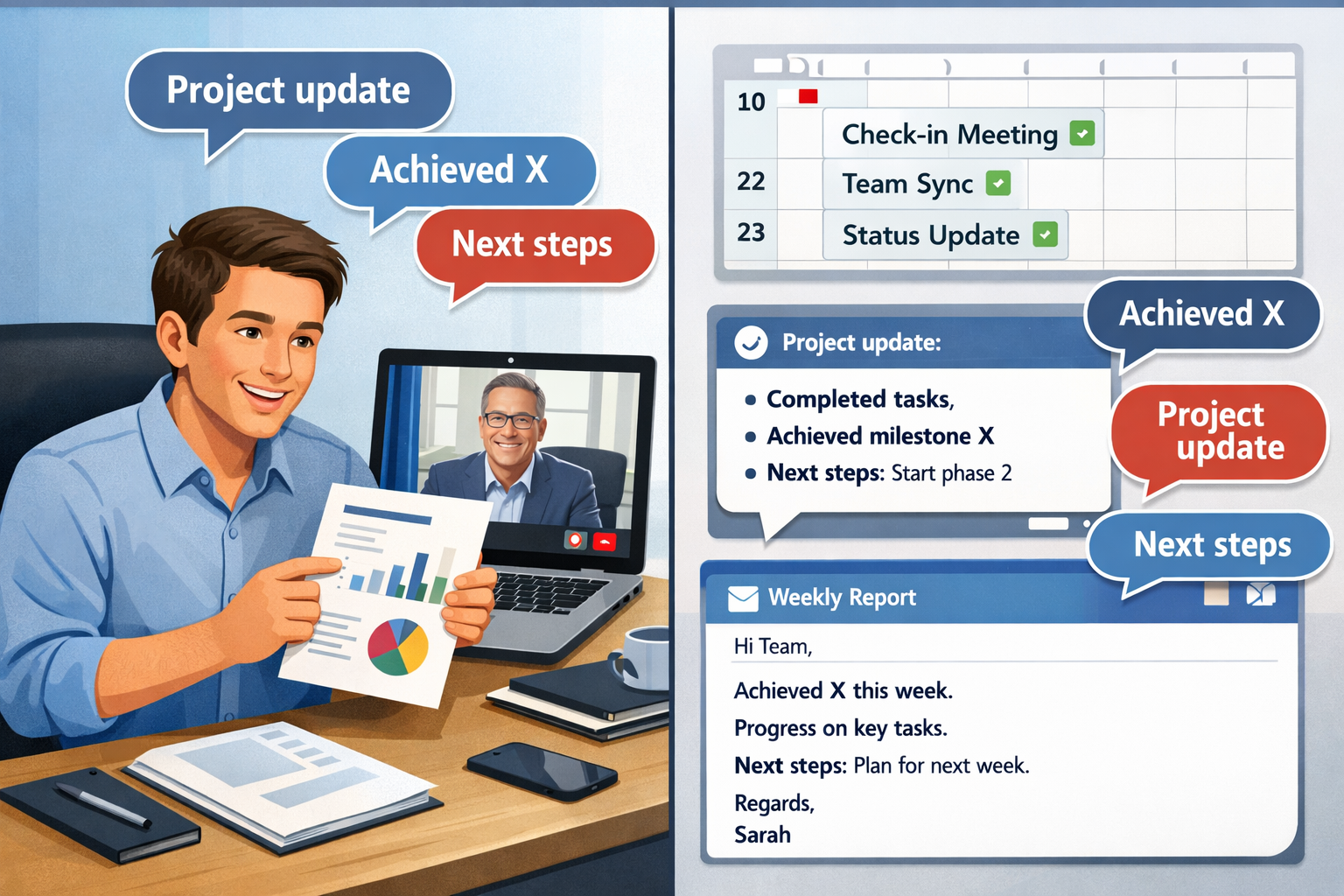 A split-panel image showing effective over-communication in a remote work context. On one side, a professional is actively engaged in a vide