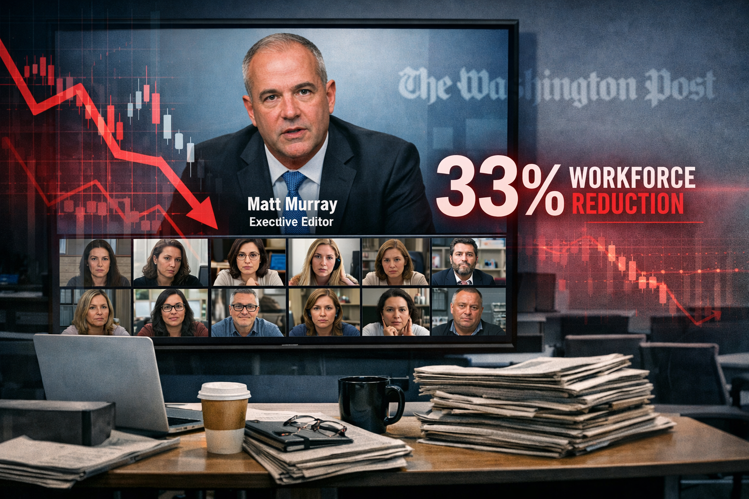 Landscape format (1536x1024) editorial image depicting a tense newsroom Zoom call scene. Split-screen composition showing Executive Editor M