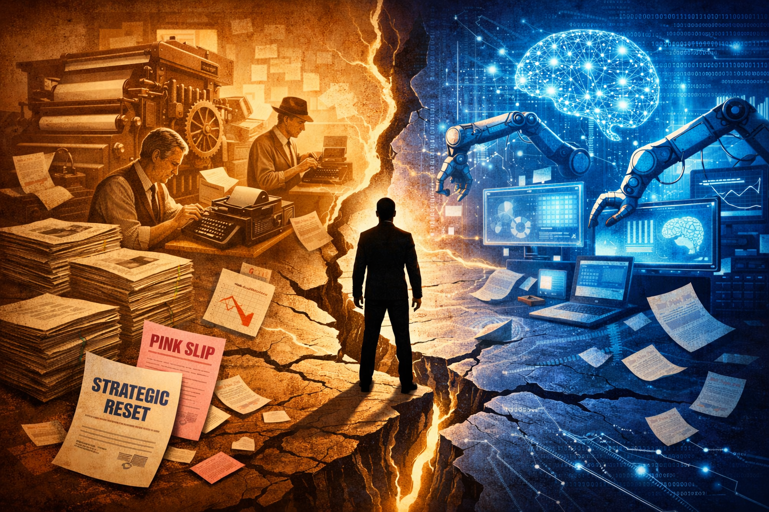 Landscape format (1536x1024) conceptual editorial illustration showing the collision of traditional journalism and artificial intelligence. 