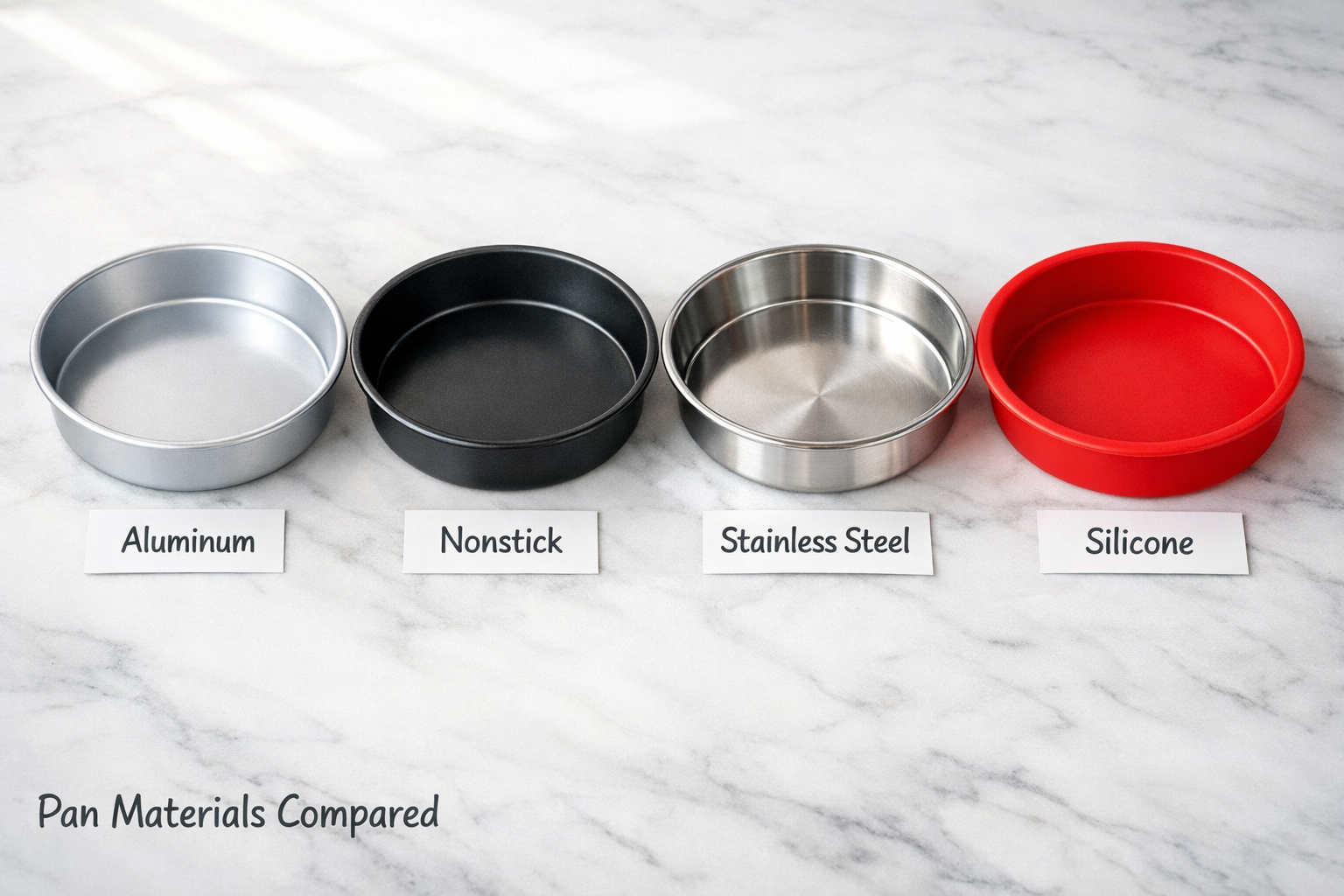 Digital illustration, graphic design style, Close-up overhead shot of four different 9-inch round cake pans side by side on a white marble surface — aluminum, nonstick dark carbon steel, stainless steel, and silicone — each labeled with a small card showing material type. Soft natural window light, shallow depth of field, clean food photography aesthetic. Text overlay in bottom-left corner reads 'Pan Materials Compared' in 18pt charcoal sans-serif. Landscape format 1536x1024, editorial quality. 