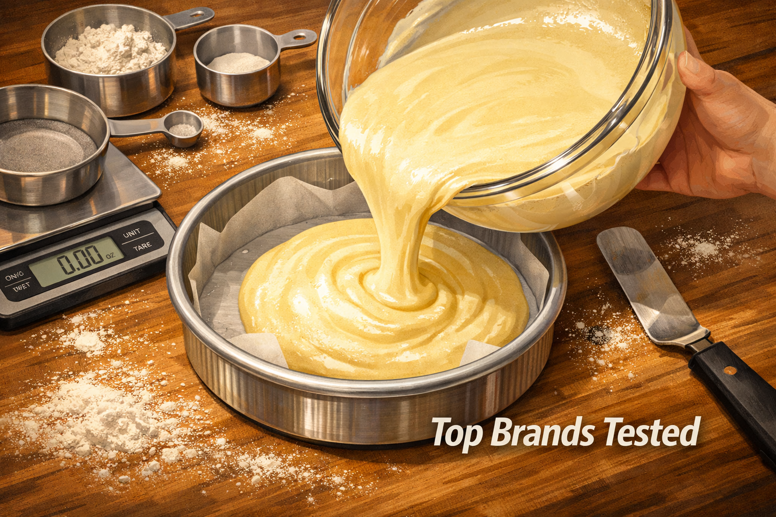 Digital illustration, graphic design style, Bird's-eye view of a professional baker's workstation showing a 9-inch round cake pan mid-bake process: batter being poured from a glass bowl into a USA Pan or Nordic Ware style heavy-gauge aluminum pan, with parchment paper lining visible. Surrounding props include a kitchen scale, offset spatula, and measuring cups. Warm bakery lighting, slightly elevated 45-degree angle. Text overlay reads 'Top Brands Tested' in bold 20pt white font bottom-right. Landscape 1536x1024, editorial quality.