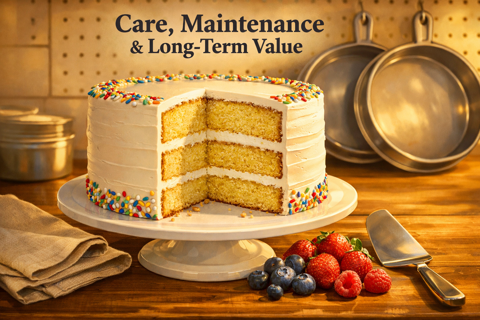Digital illustration, graphic design style, Wide-angle shot of a finished three-layer celebration cake on a white cake stand, sliced to reveal even, moist interior layers — the result of using quality 9-inch round pans. In the background, slightly blurred, two clean 9-inch pans hang on a pegboard rack showing proper storage and care. Props: linen napkin, cake server, fresh berries. Warm golden-hour kitchen lighting. Text overlay reads 'Care, Maintenance & Long-Term Value' in 22pt bold dark charcoal. Landscape 1536x1024, editorial quality. 