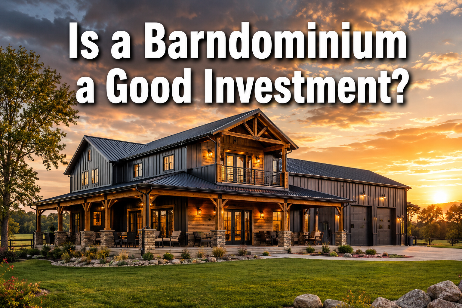 Professional () hero image with : 'Is a Barndominium a Good Investment?' in extra large white with dark drop , centered in
