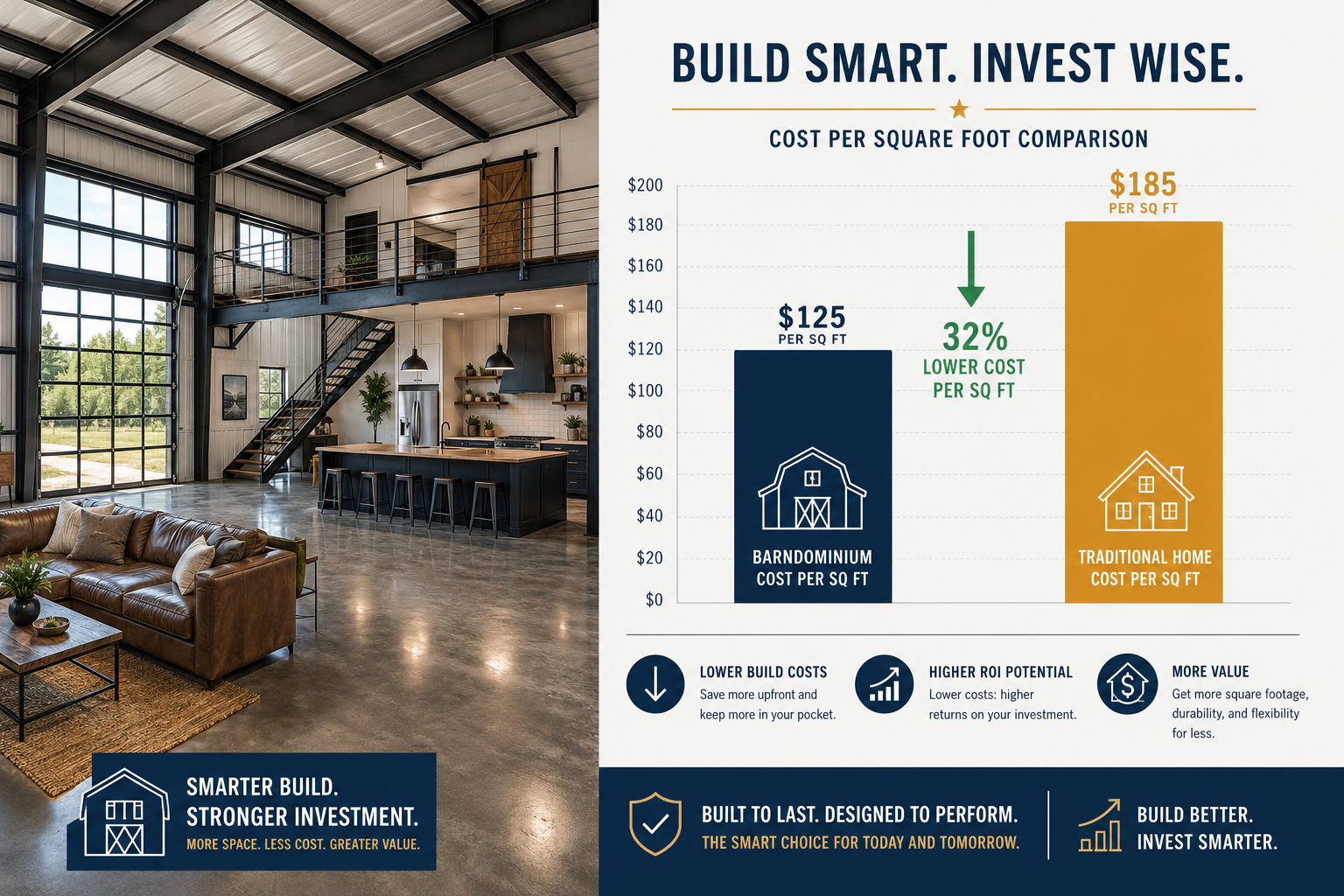 Detailed () split-panel infographic image. Left panel: a sleek modern barndominium interior with open floor plan, exposed
