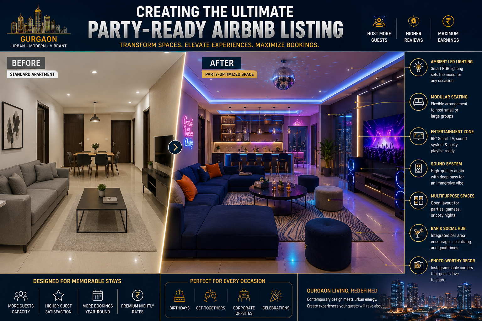 Comprehensive visual guide depicting 'Creating the Ultimate Party-Ready Airbnb Listing' featuring a split-screen layout