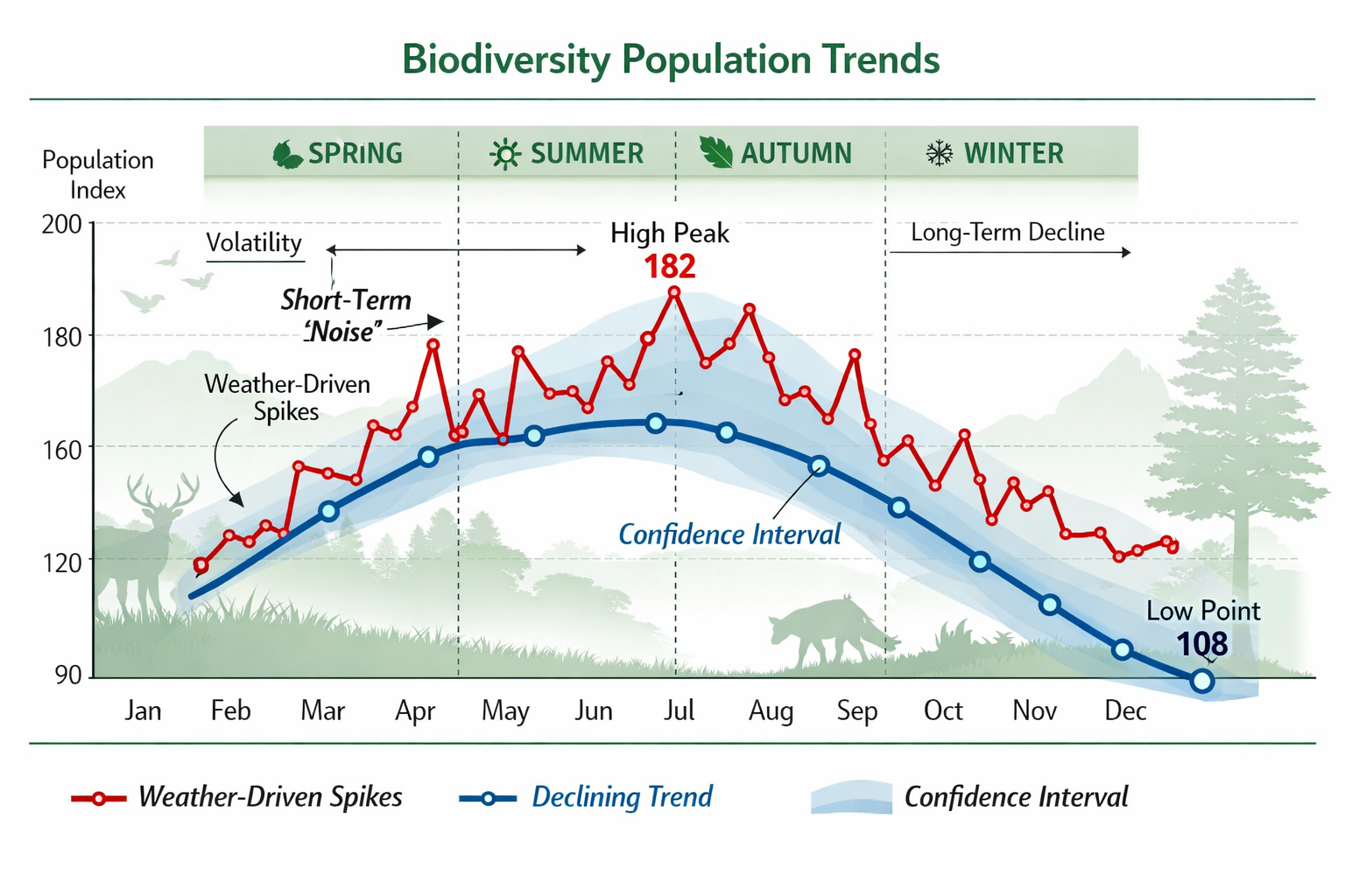 () editorial image showing a detailed time-series graph visualization with multiple colored trend lines representing